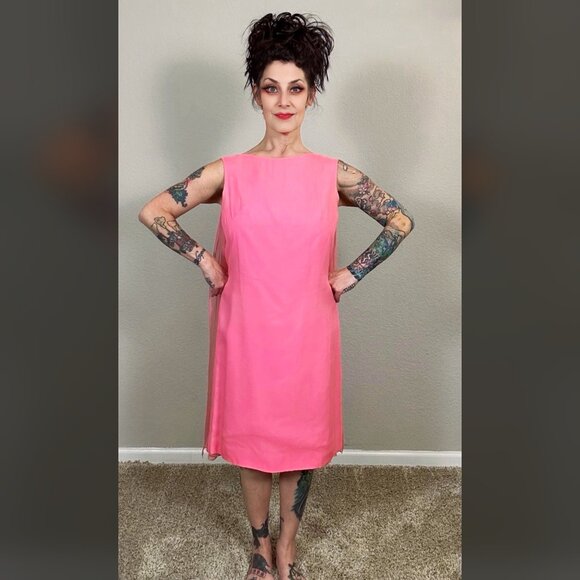 60s True Vintage Magenta Pink Sheath Dress Cape Chiffon Mod MCM Pinup Formal M - Picture 1 of 15